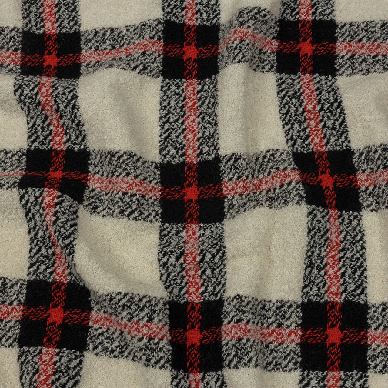 1 Yard Famous Designer Cream, Black and Red Plaid Blended Wool Boucle Coating